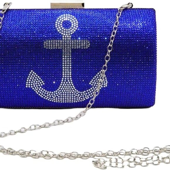 Jewelry - Luxurious Rhinestone Anchor Clutch Purse - Evening Handbag in Blue Glitter